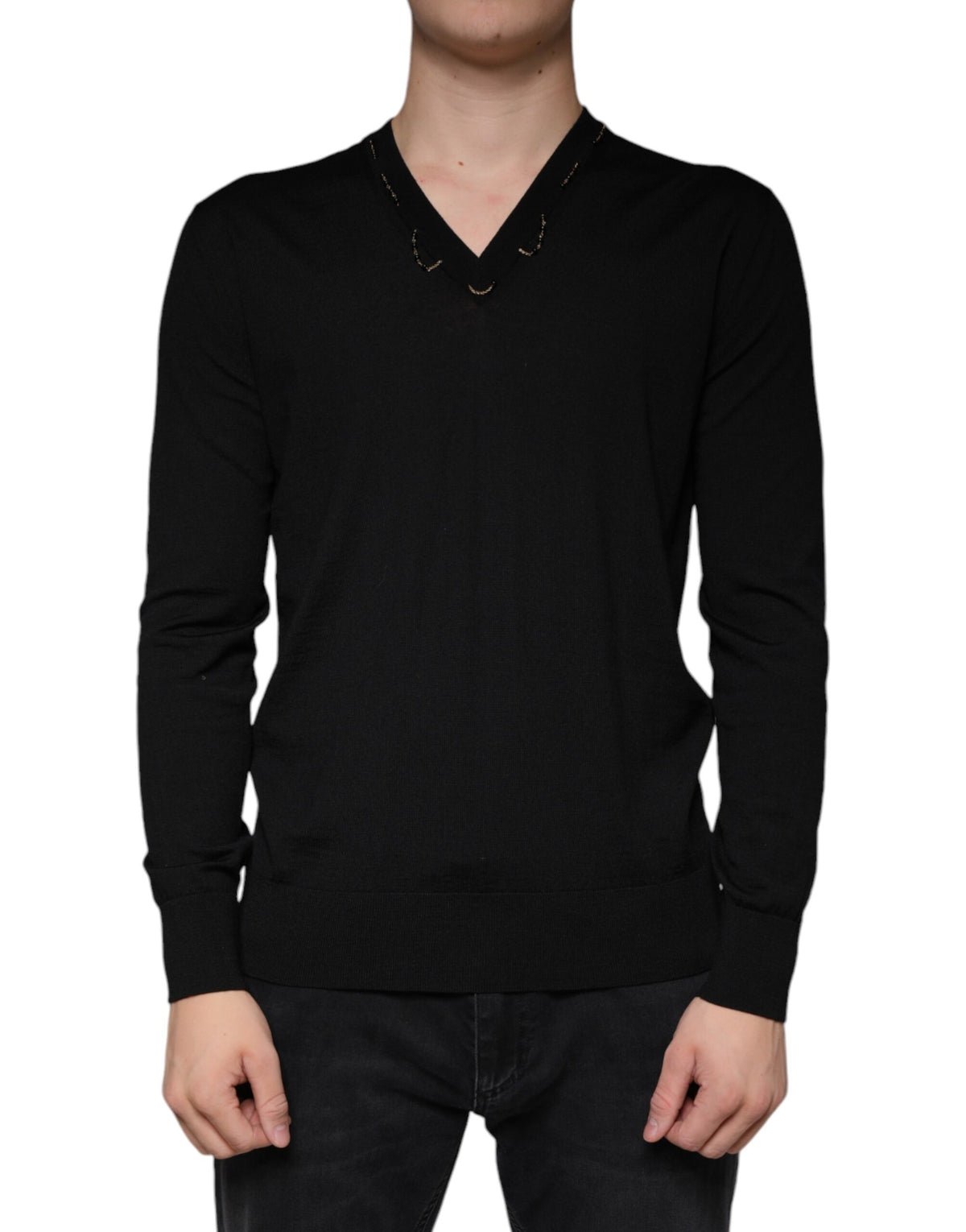 Pull en tricot à col en V noir et ornements de Dolce &amp; Gabbana