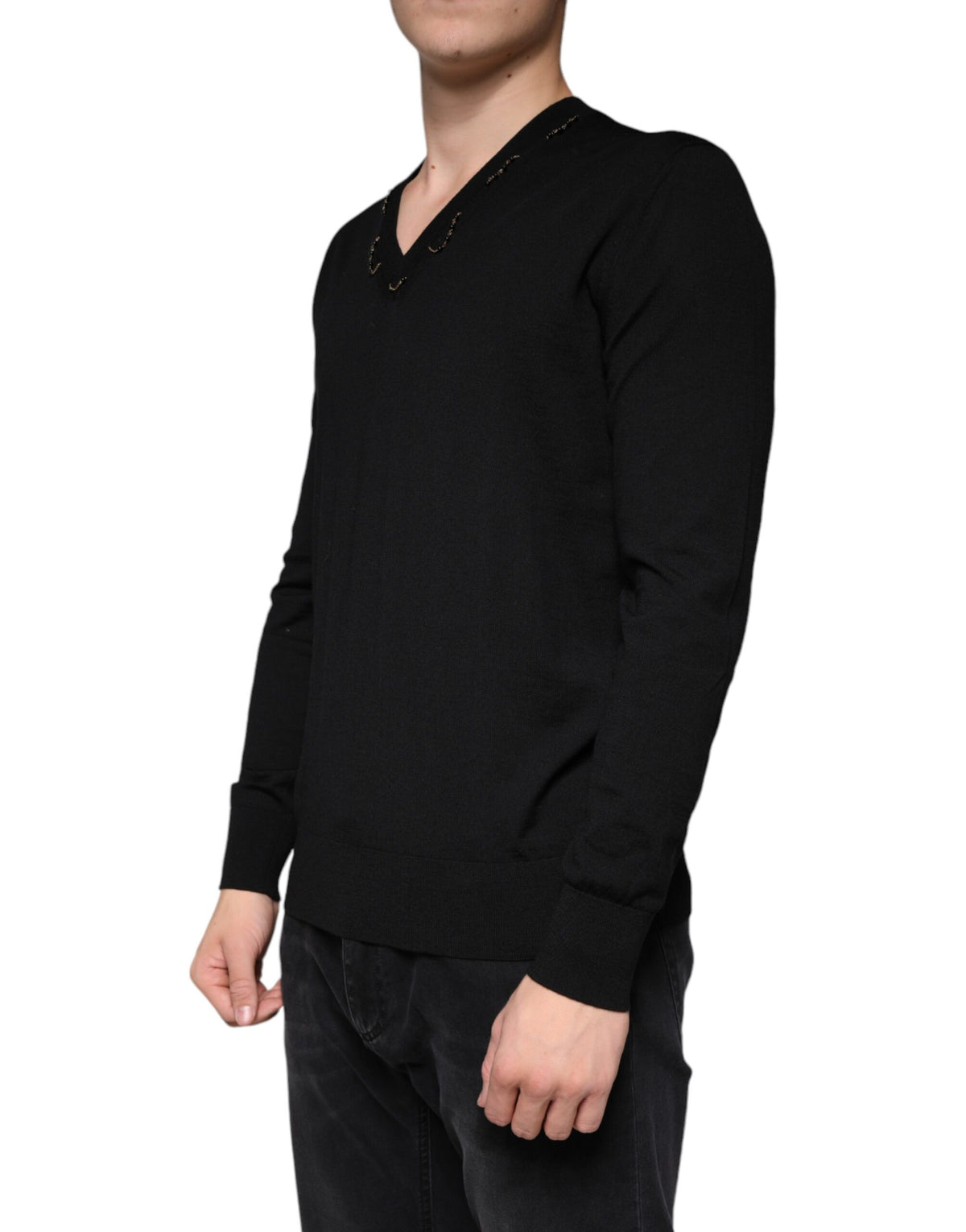 Pull en tricot à col en V noir et ornements de Dolce &amp; Gabbana