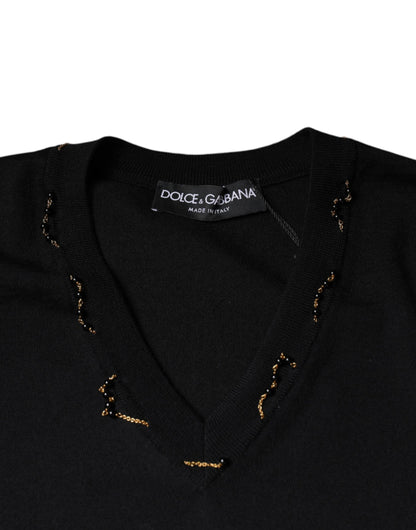 Dolce &amp; Gabbana Zwarte, Versierde V-Hals Pullevertrui