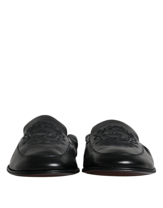 Dolce & Gabbana Black Logo Embroidered Leather Loafers for Men