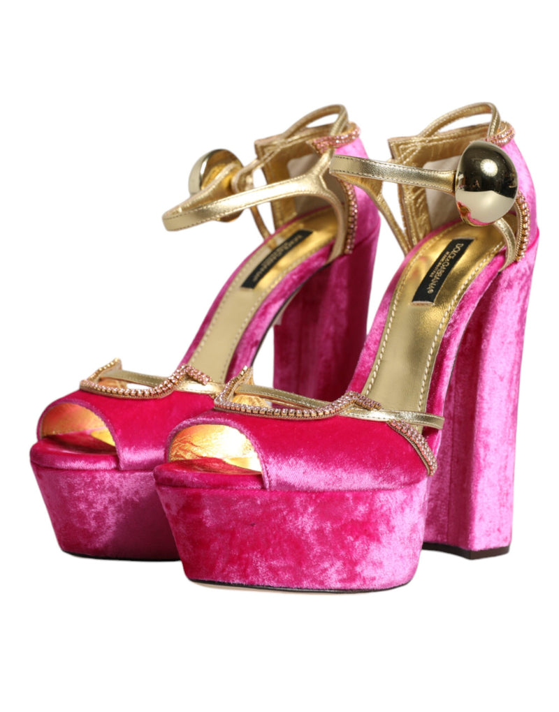 Dolce & Gabbana Pink Velvet Platform Ankle Strap Heel Sandals