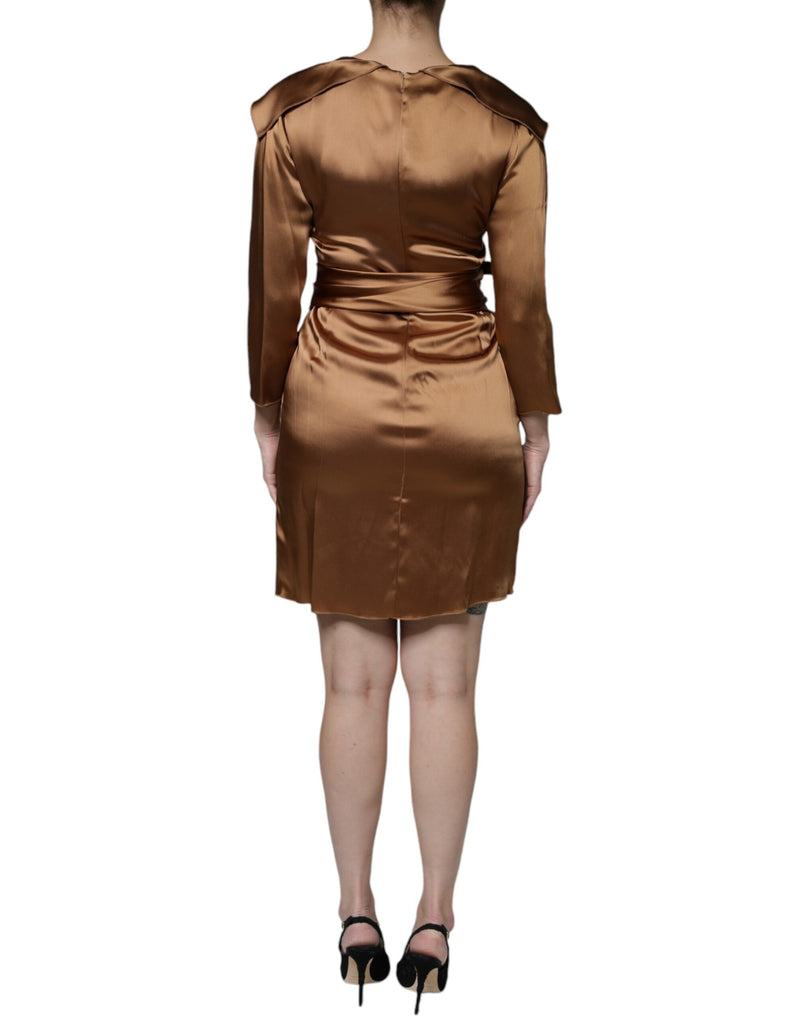 Robe Mini Drapée à Manches Longues en Satin Marron Emporio Armani