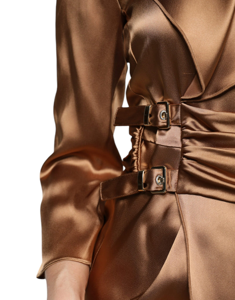Robe Mini Drapée à Manches Longues en Satin Marron Emporio Armani