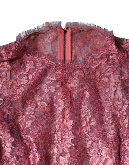 Dolce & Gabbana Fuchsia bloemenpatroon kant lange mouwen maxi jurk