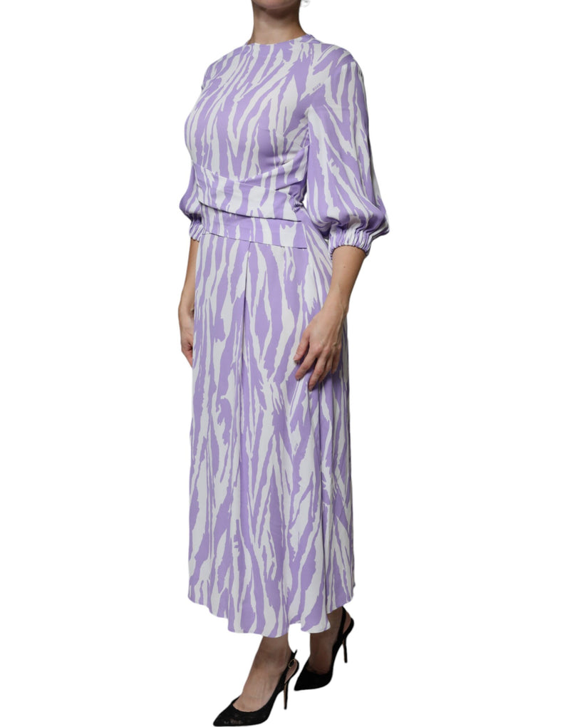 MSGM Robe Maxi Blanche et Violette à Motifs - Manches Courtes