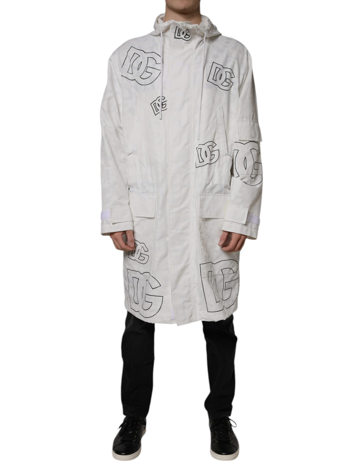 Parka blanche à capuche en polyester, trench-coat et veste de Dolce & Gabbana