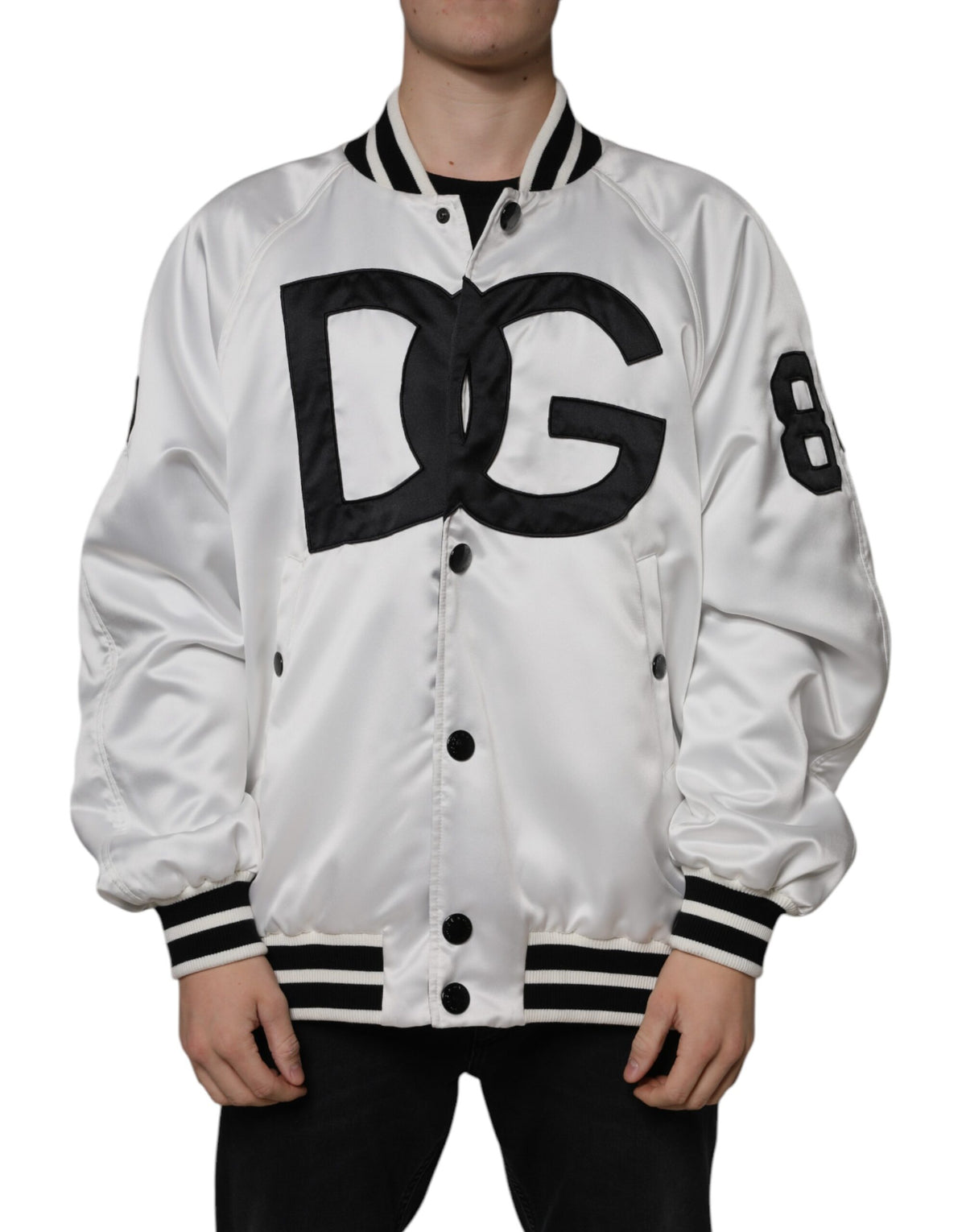 Bomber Jacket à Fermeture Éclair avec Logo en Polyester Blanc de Dolce & Gabbana