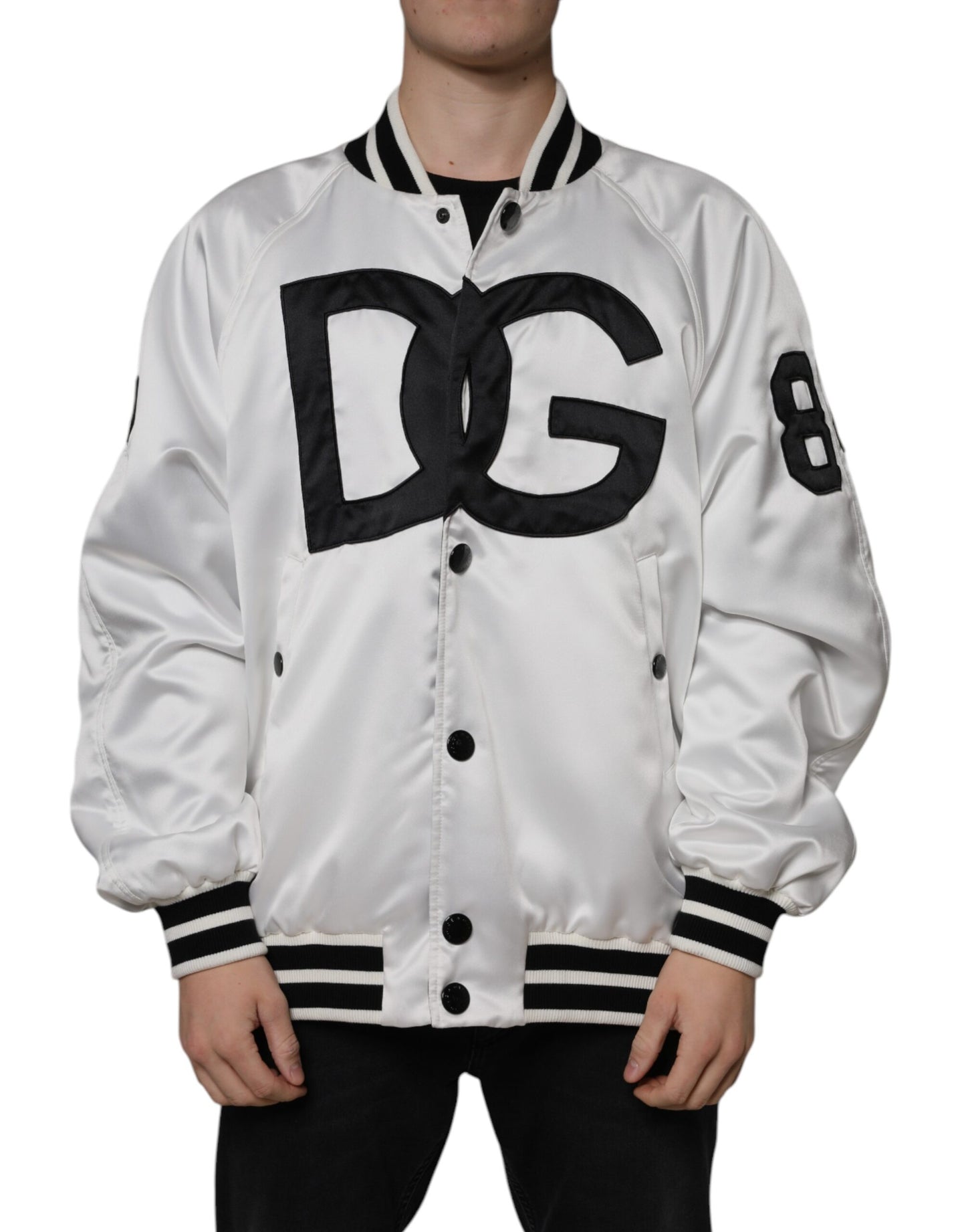 Bomber Jacket à Fermeture Éclair avec Logo en Polyester Blanc de Dolce & Gabbana