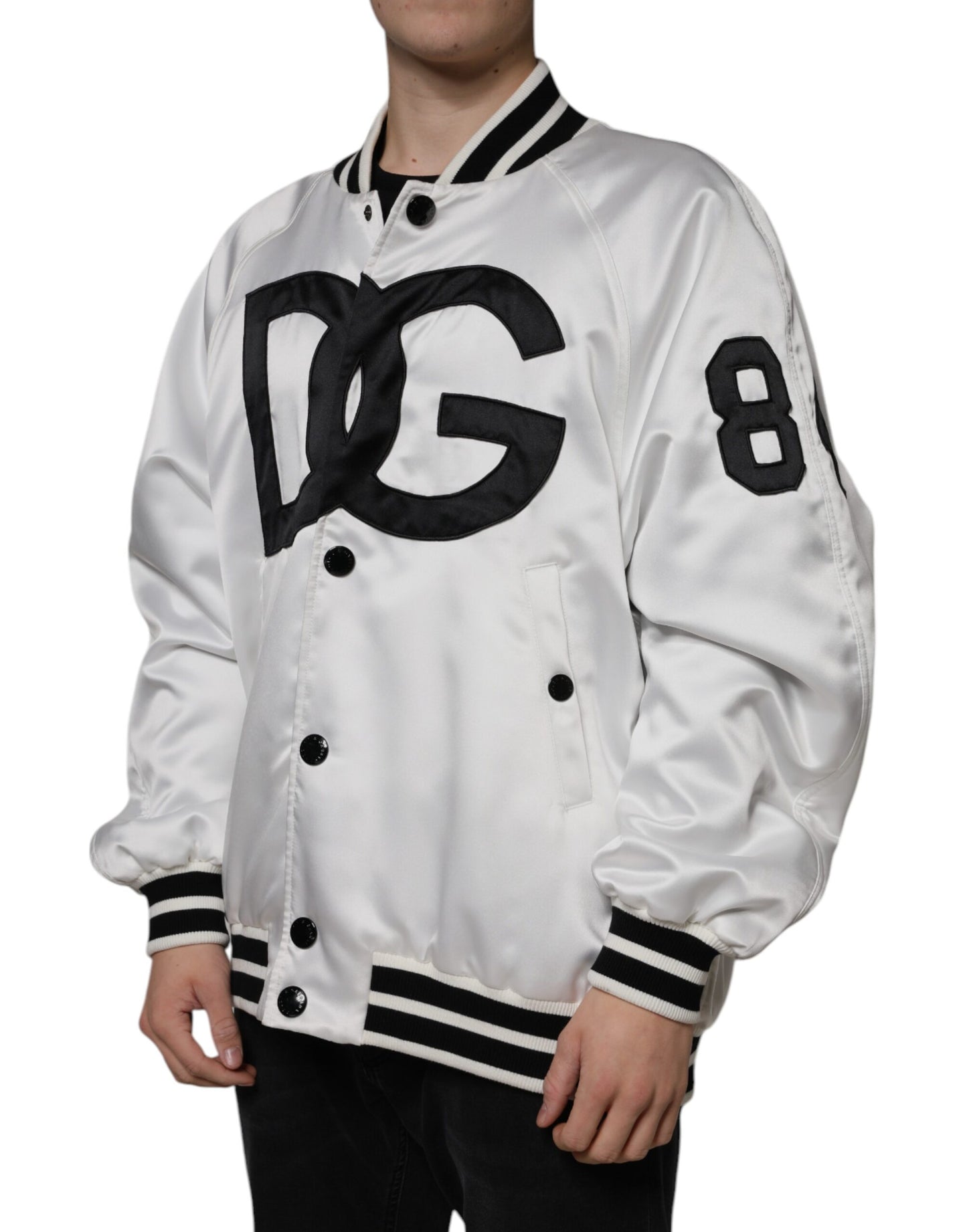 Bomber Jacket à Fermeture Éclair avec Logo en Polyester Blanc de Dolce & Gabbana