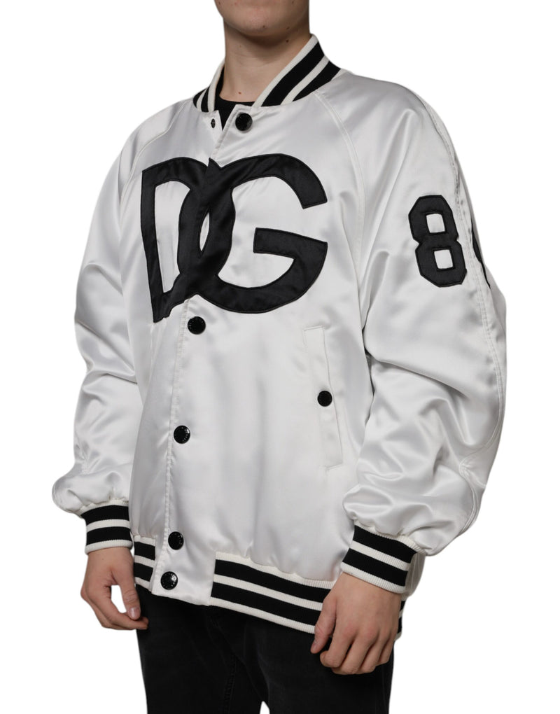 Bomber Jacket à Fermeture Éclair avec Logo en Polyester Blanc de Dolce & Gabbana