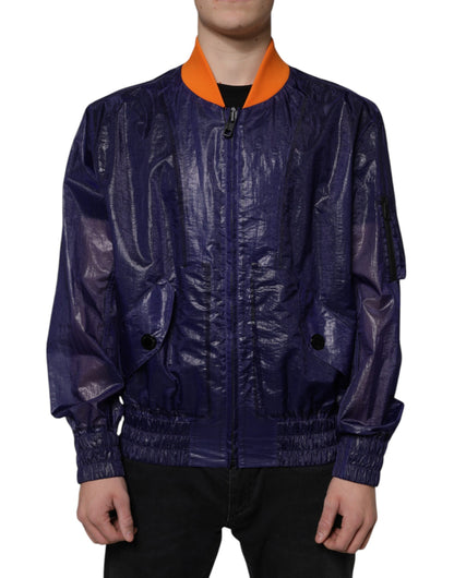 Bomber Jacket à Fermeture Éclair Intégrale en Coton Bleu Élastique de Dolce & Gabbana