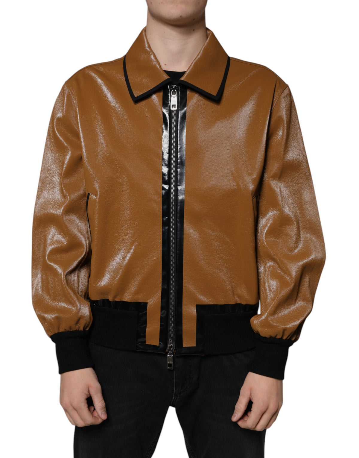 Bomber Jacket en cuir marron à fermeture éclair pour homme de Dolce & Gabbana