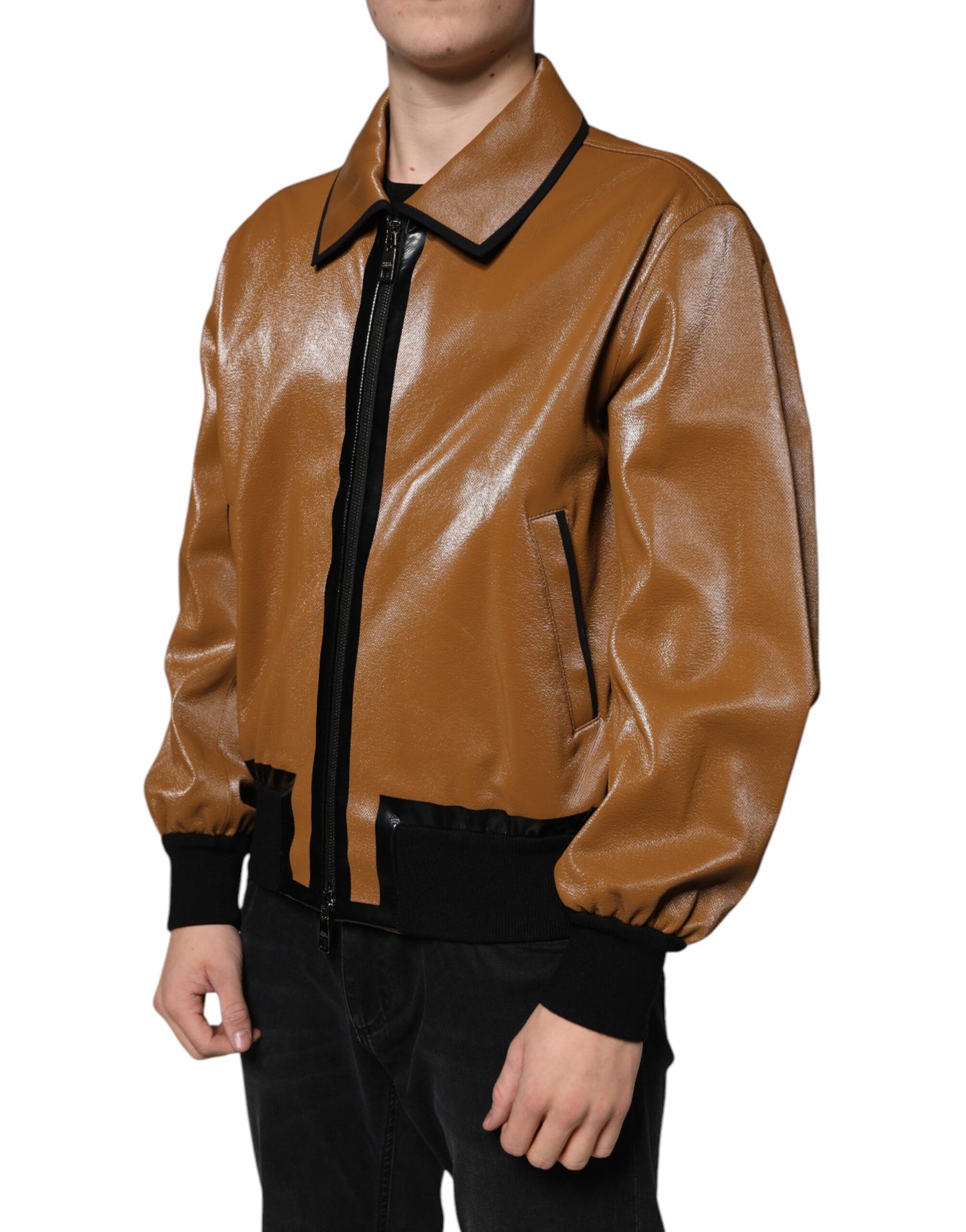 Bomber Jacket en cuir marron à fermeture éclair pour homme de Dolce & Gabbana