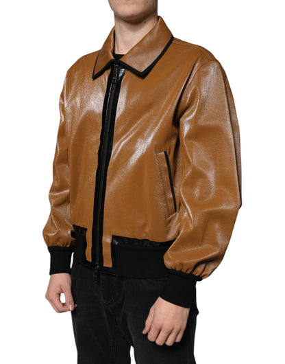 Bomber Jacket en cuir marron à fermeture éclair pour homme de Dolce & Gabbana