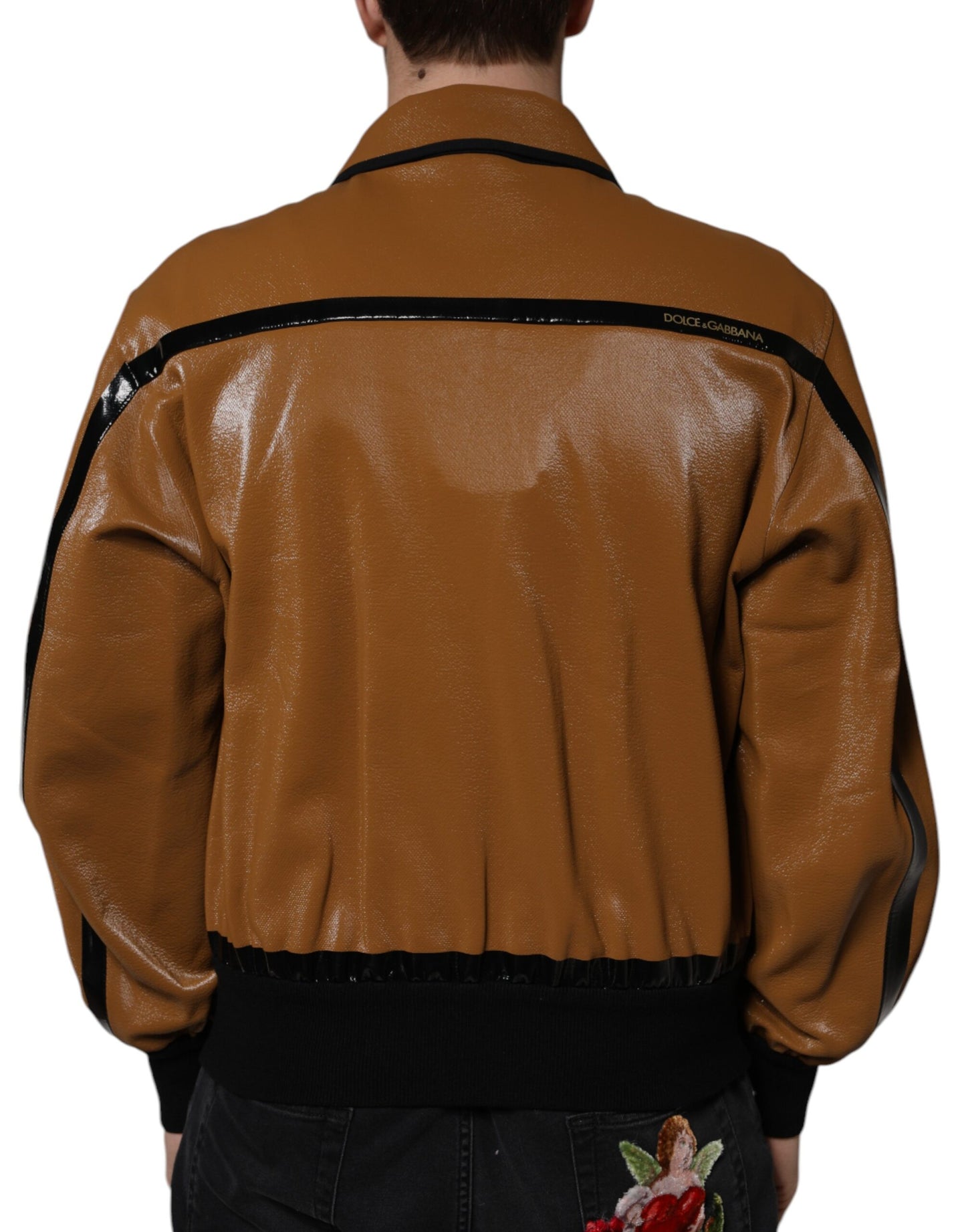 Bomber Jacket en cuir marron à fermeture éclair pour homme de Dolce & Gabbana