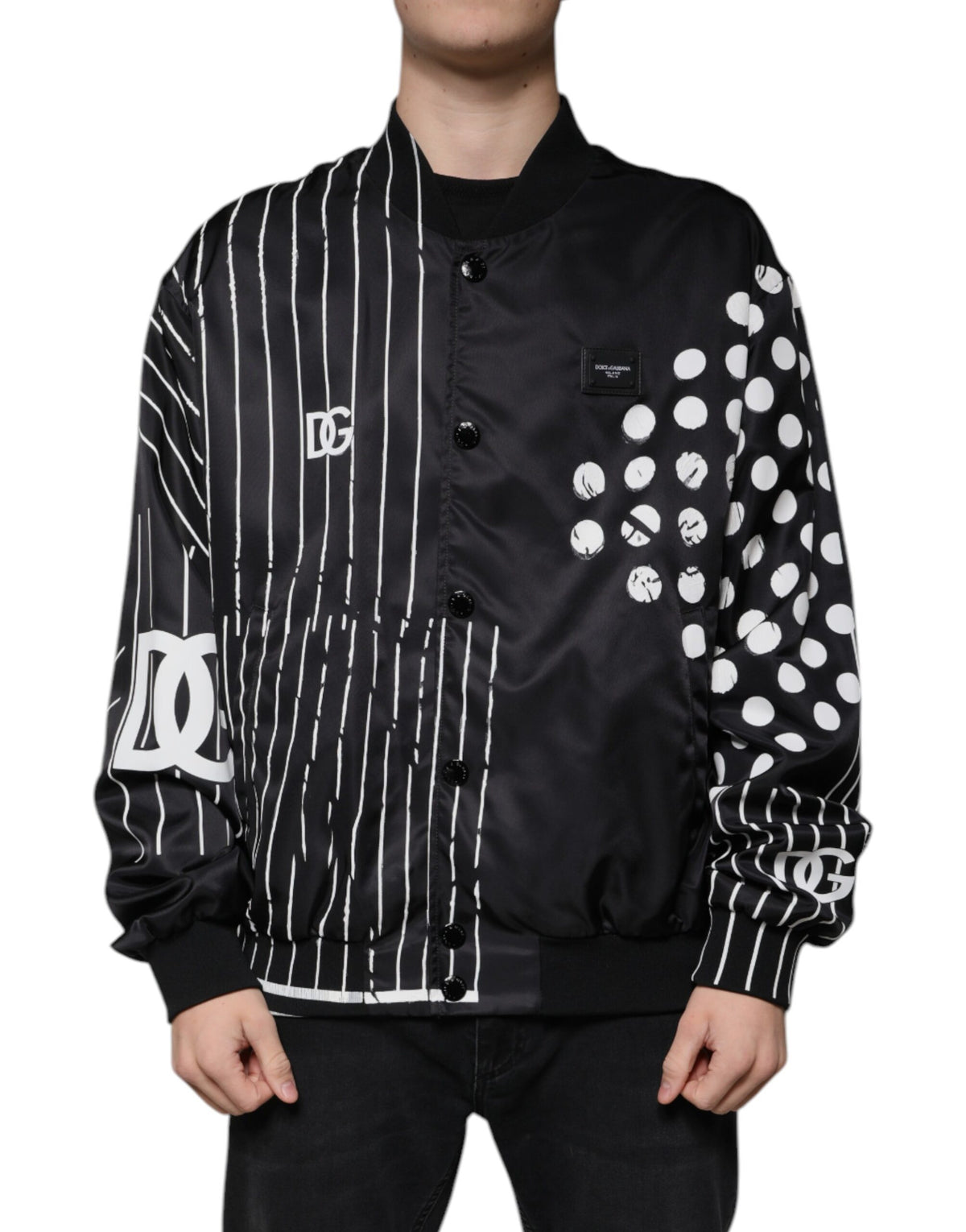 Bomber en nylon noir à rayures et pois de Dolce & Gabbana