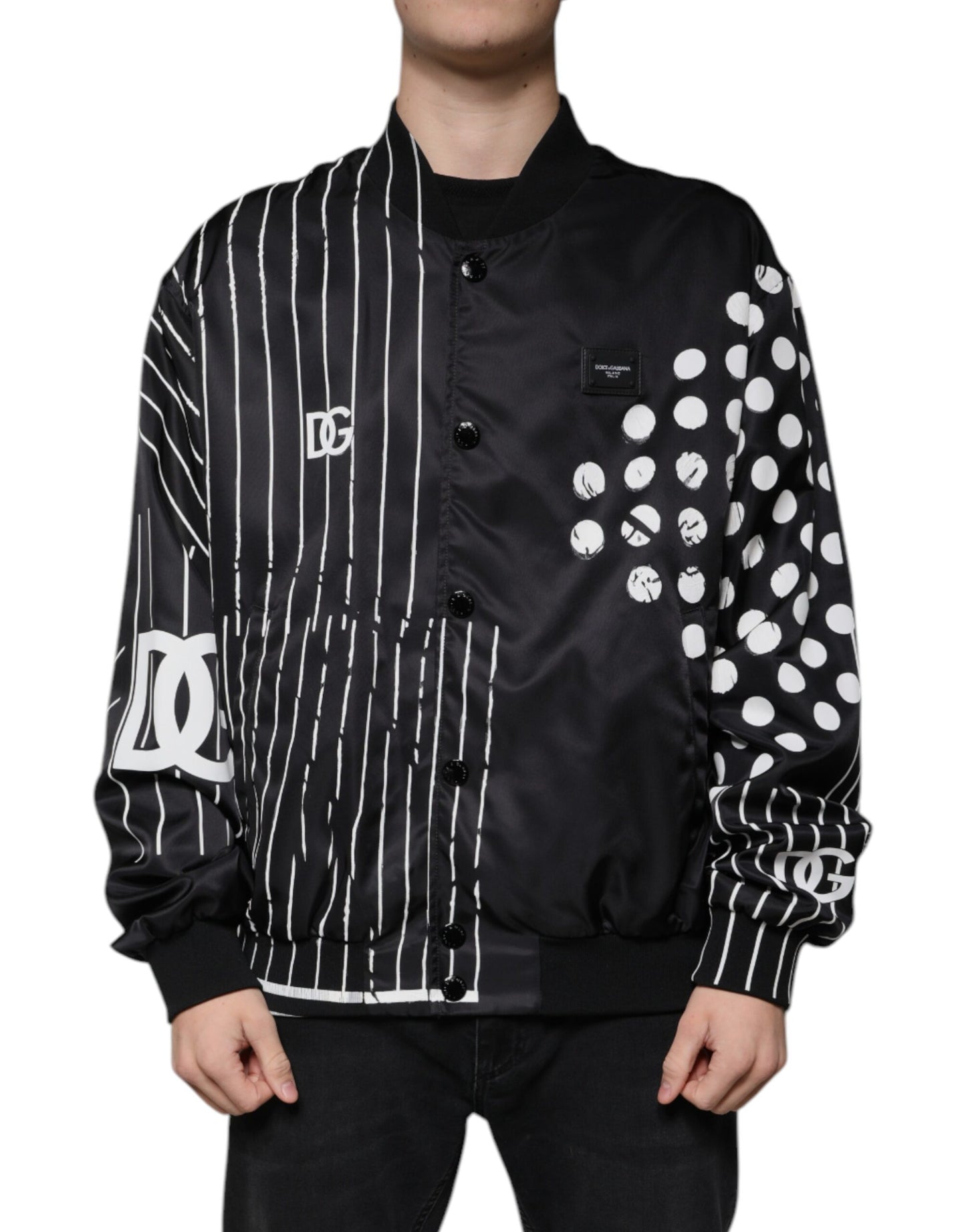 Dolce & Gabbana zwarte nylon bomberjas met stippen en strepen