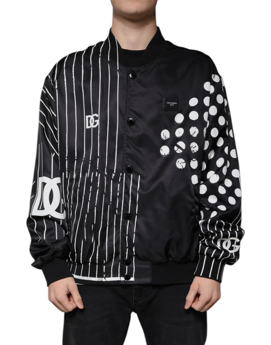 Dolce & Gabbana zwarte nylon bomberjas met stippen en strepen