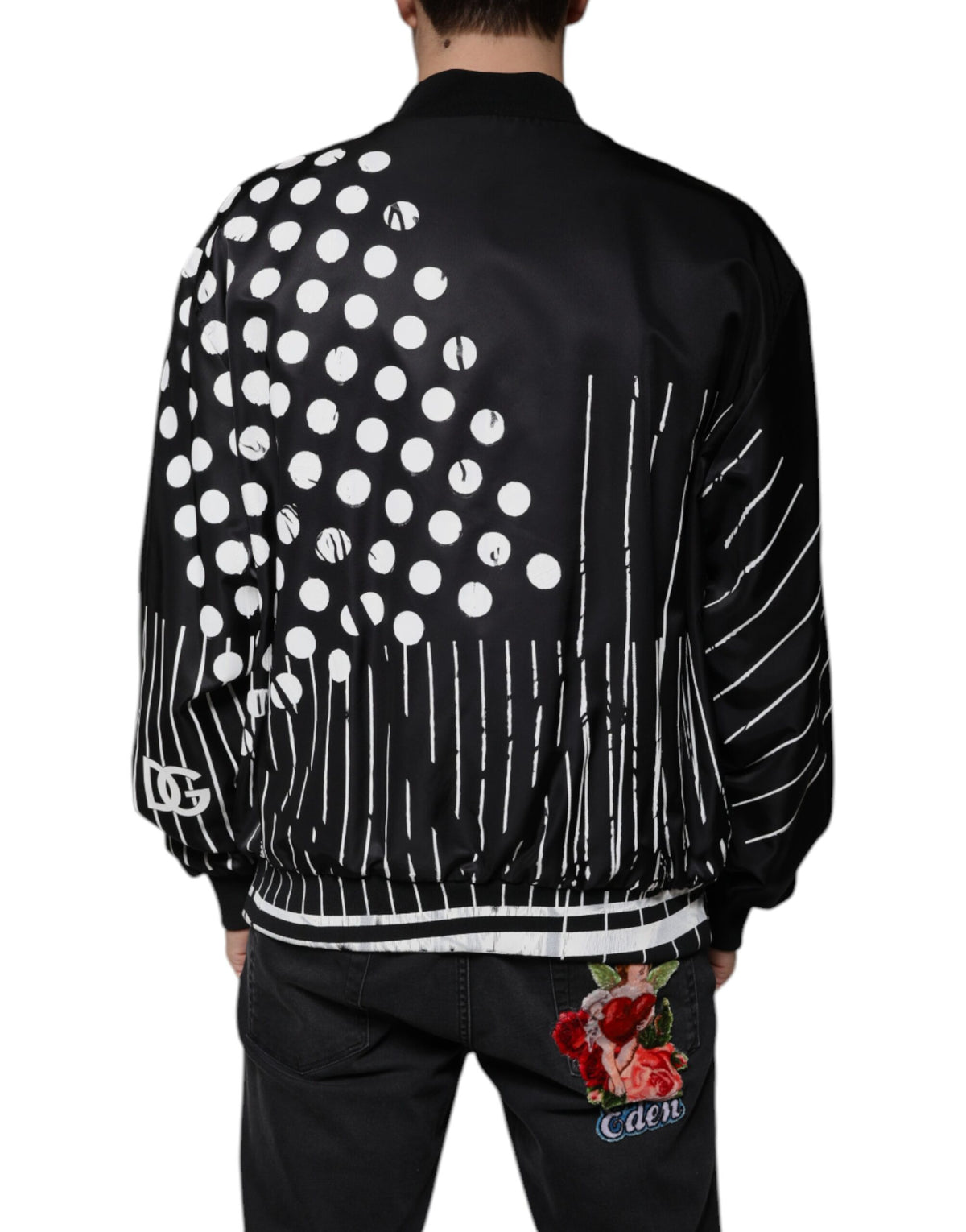 Bomber en nylon noir à rayures et pois de Dolce & Gabbana