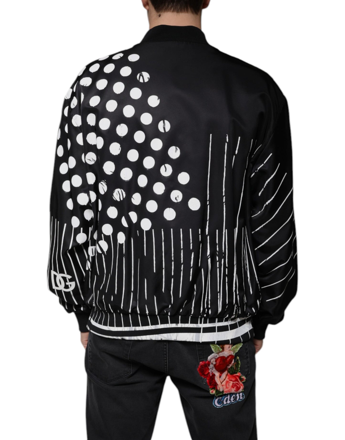 Dolce & Gabbana zwarte nylon bomberjas met stippen en strepen