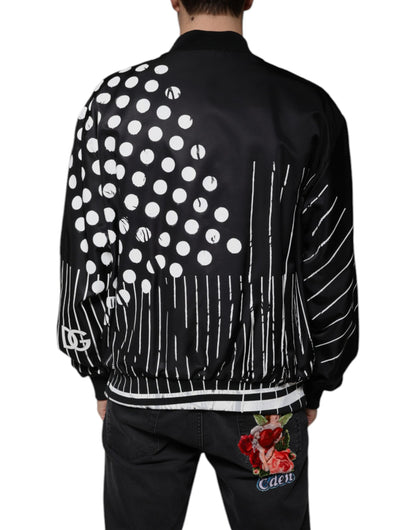 Dolce & Gabbana zwarte nylon bomberjas met stippen en strepen