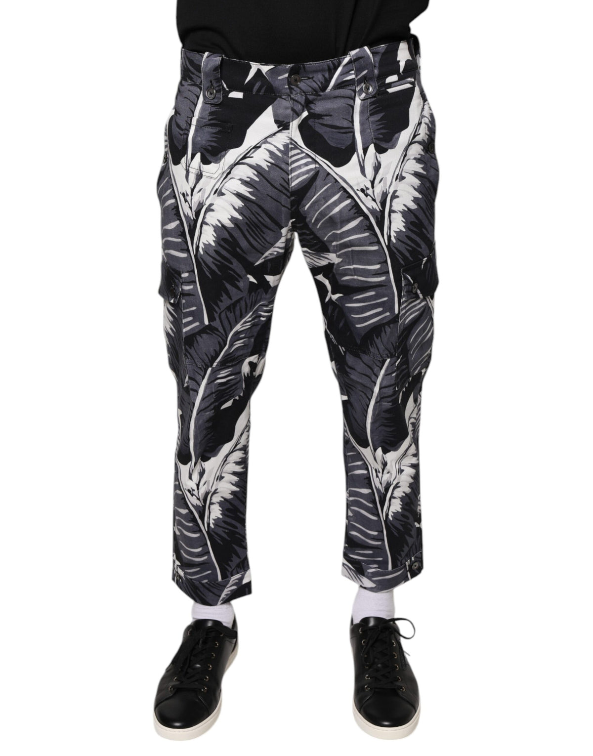 Dolce &amp; Gabbana Pantalon Capri en Coton Élastique Gris à Motif Feuille de Bananier