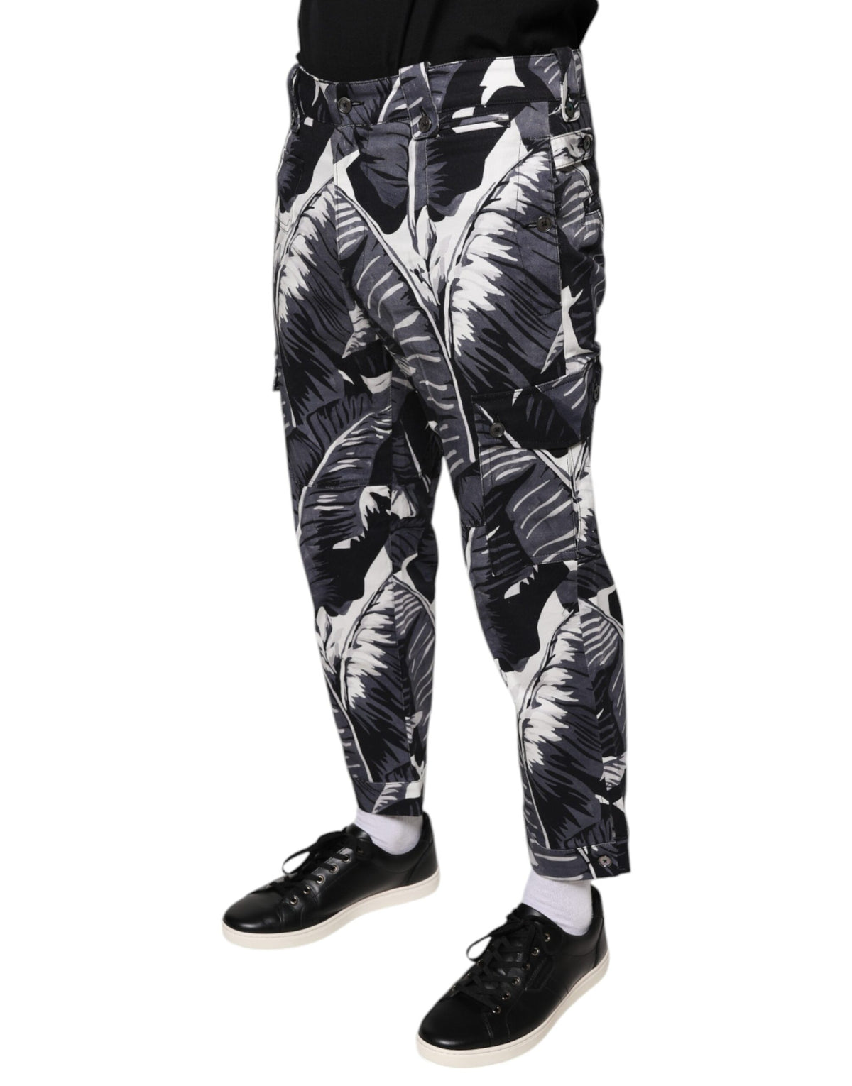Dolce &amp; Gabbana Pantalon Capri en Coton Élastique Gris à Motif Feuille de Bananier