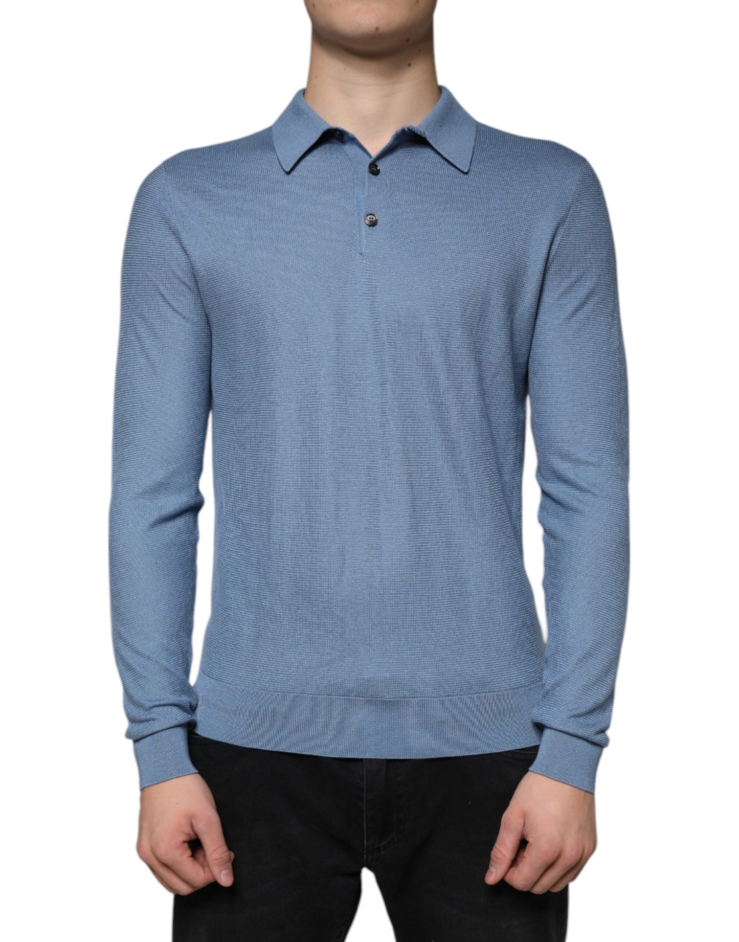Pull en soie à col montant bleu ciel Dolce &amp; Gabbana pour homme