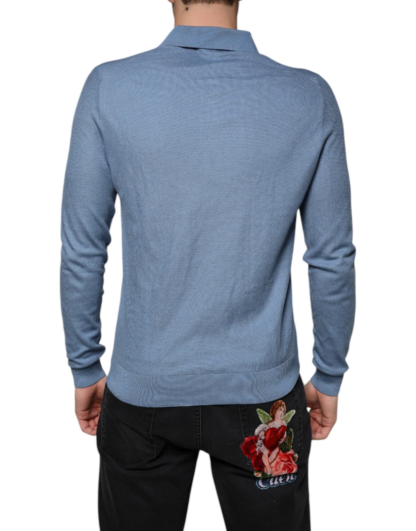 Pull en soie à col montant bleu ciel Dolce &amp; Gabbana pour homme