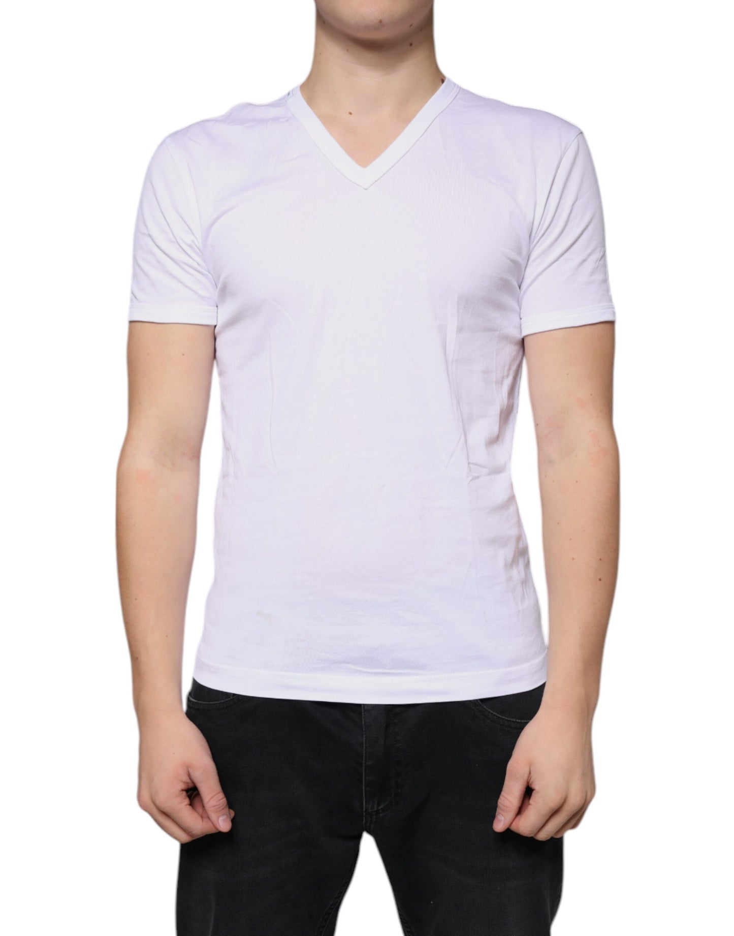 T-shirt blanc en coton à manches courtes et col en V de Dolce &amp; Gabbana