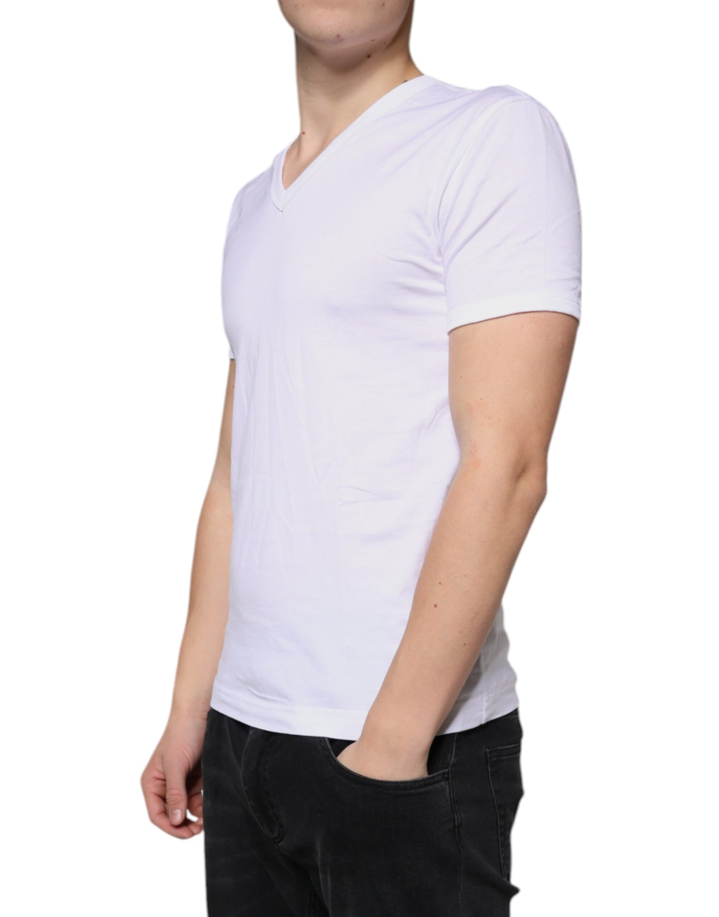 T-shirt blanc en coton à manches courtes et col en V de Dolce &amp; Gabbana
