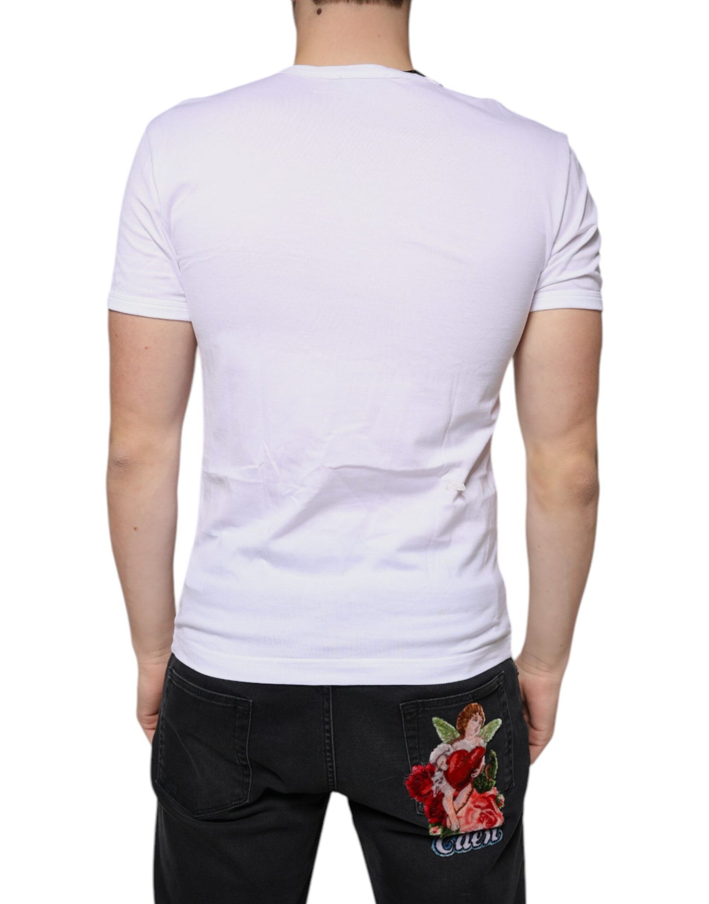 T-shirt blanc en coton à manches courtes et col en V de Dolce &amp; Gabbana
