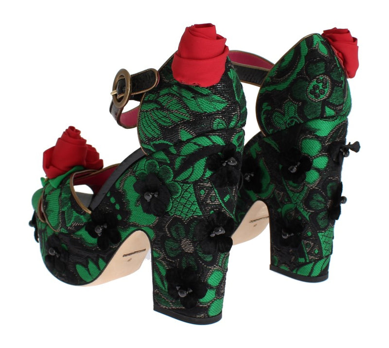 Chaussures Dolce &amp; Gabbana en brocart vert, motif serpent, roses et cristaux.