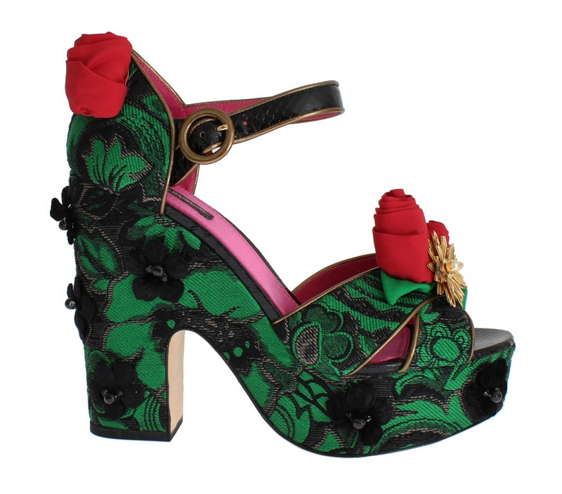 Chaussures Dolce &amp; Gabbana en brocart vert, motif serpent, roses et cristaux.