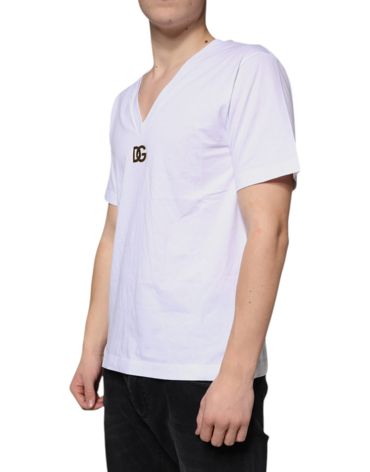 T-shirt à manches courtes en coton avec col en V et logo blanc de Dolce &amp; Gabbana