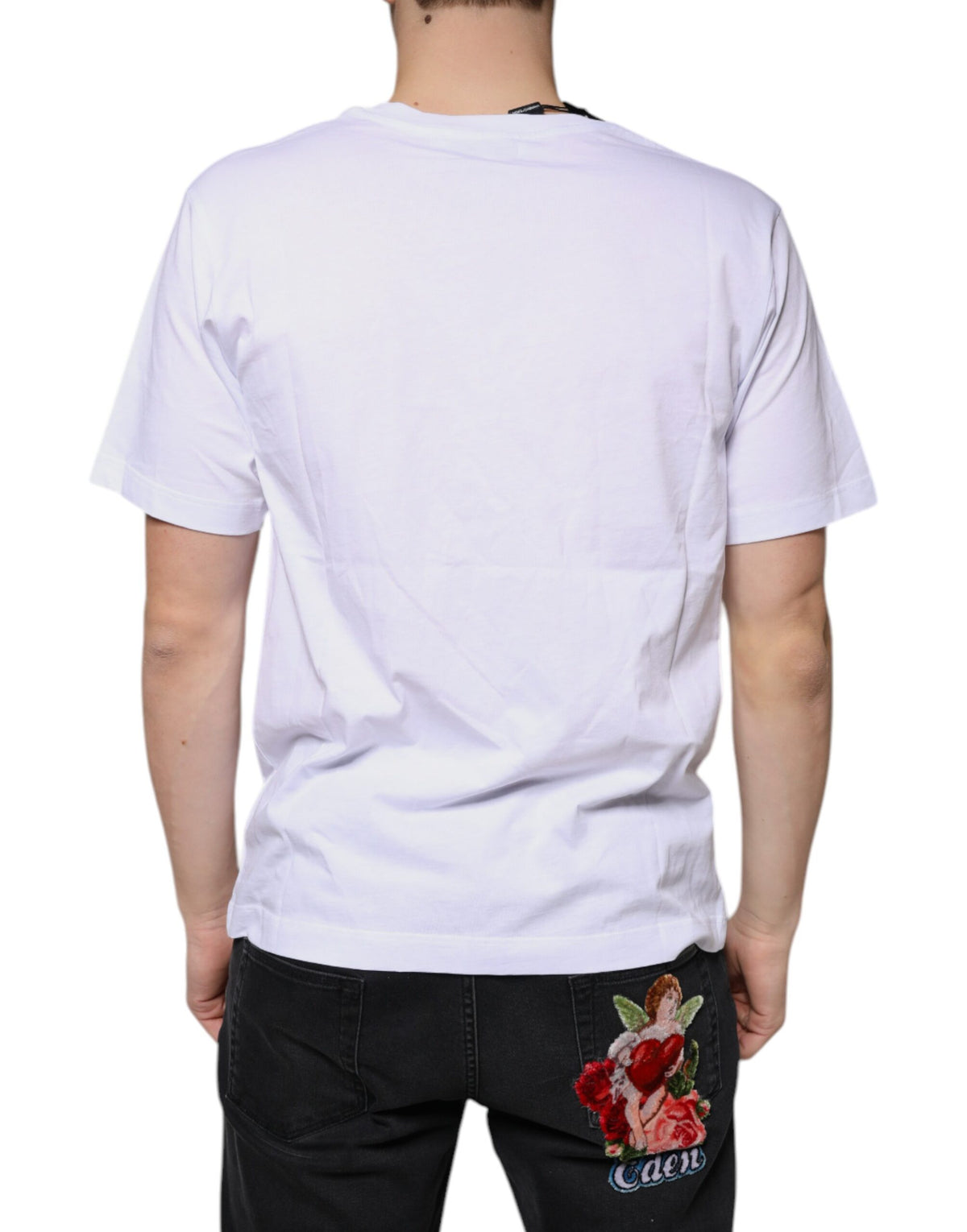 T-shirt à manches courtes en coton avec col en V et logo blanc de Dolce &amp; Gabbana