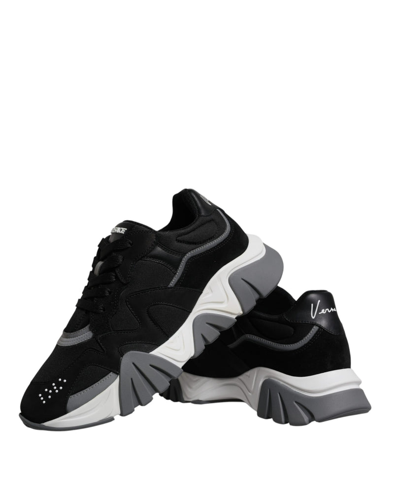 Versace Squalo Black Leather Neoprene Chunky Low Top Sneakers