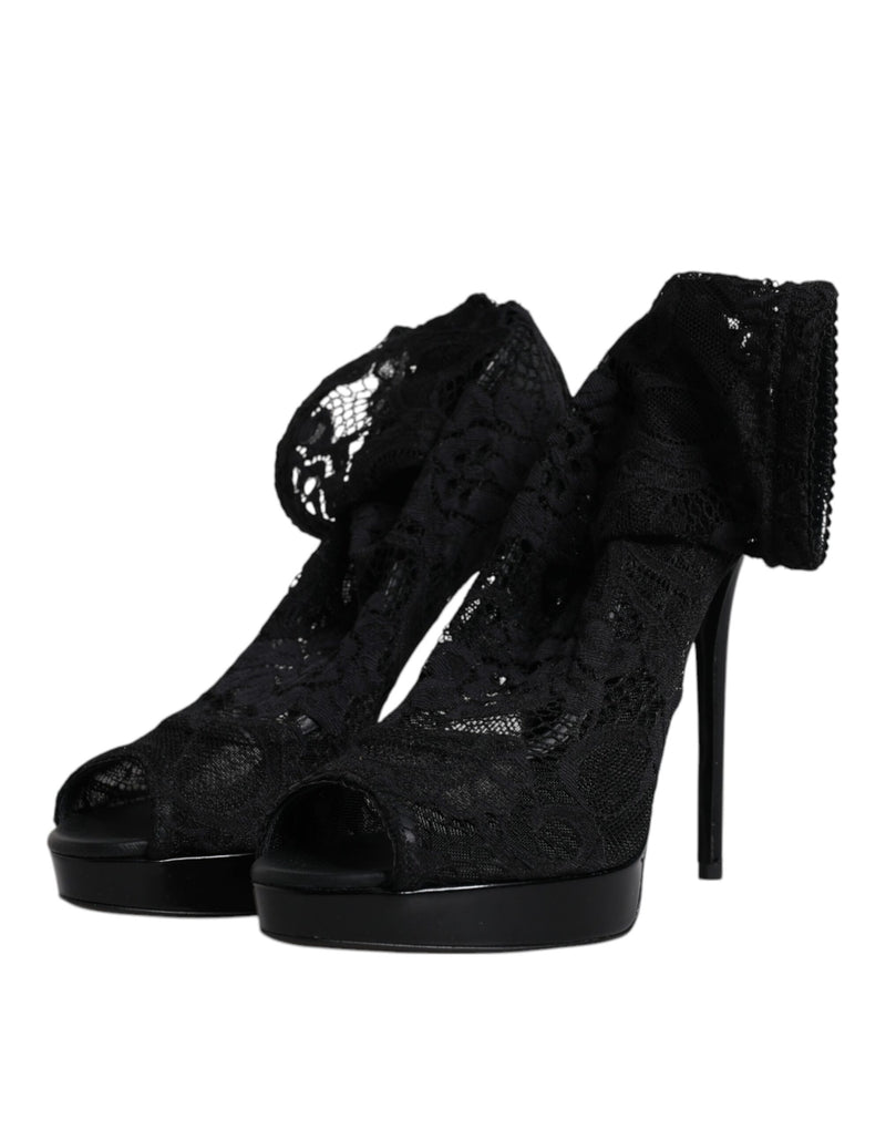 Dolce & Gabbana Black Stretch Taormina Lace Boots