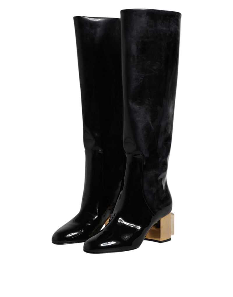 Dolce & Gabbana Vally High Boots en Cuir Verni Noir