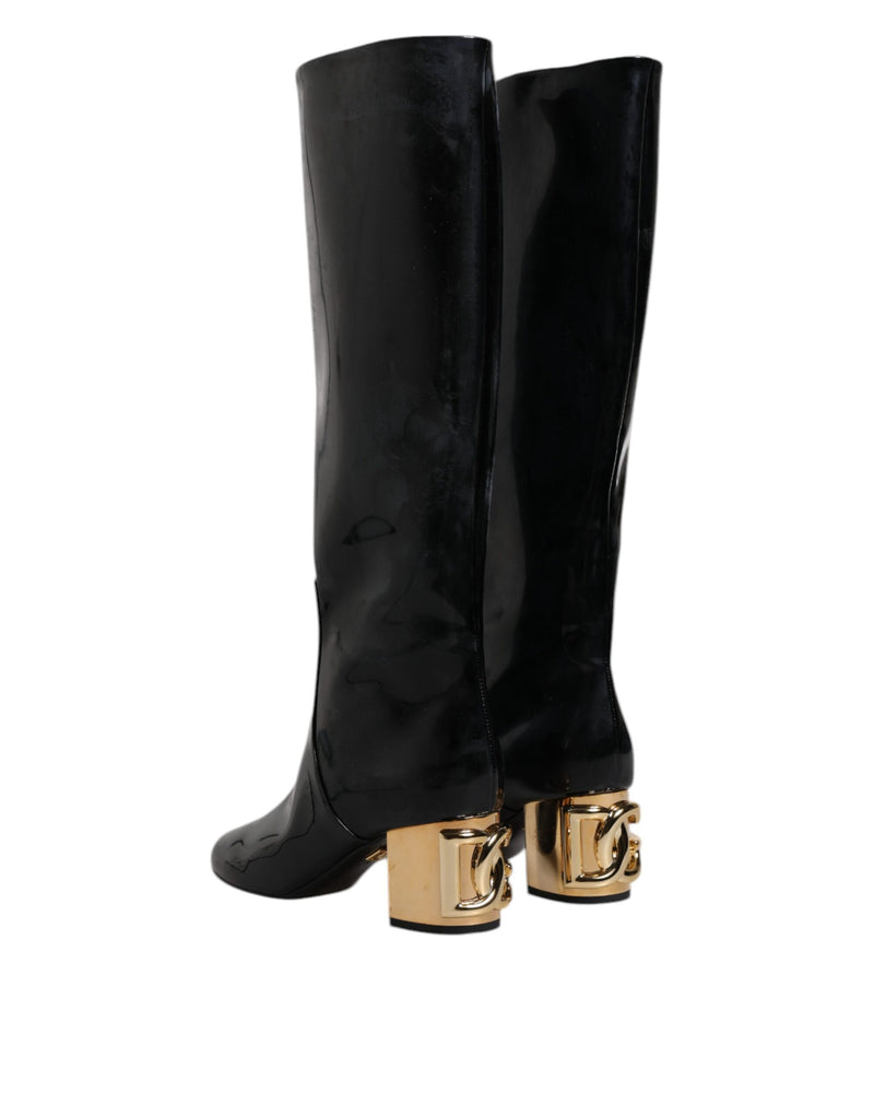 Dolce & Gabbana Vally High Boots en Cuir Verni Noir