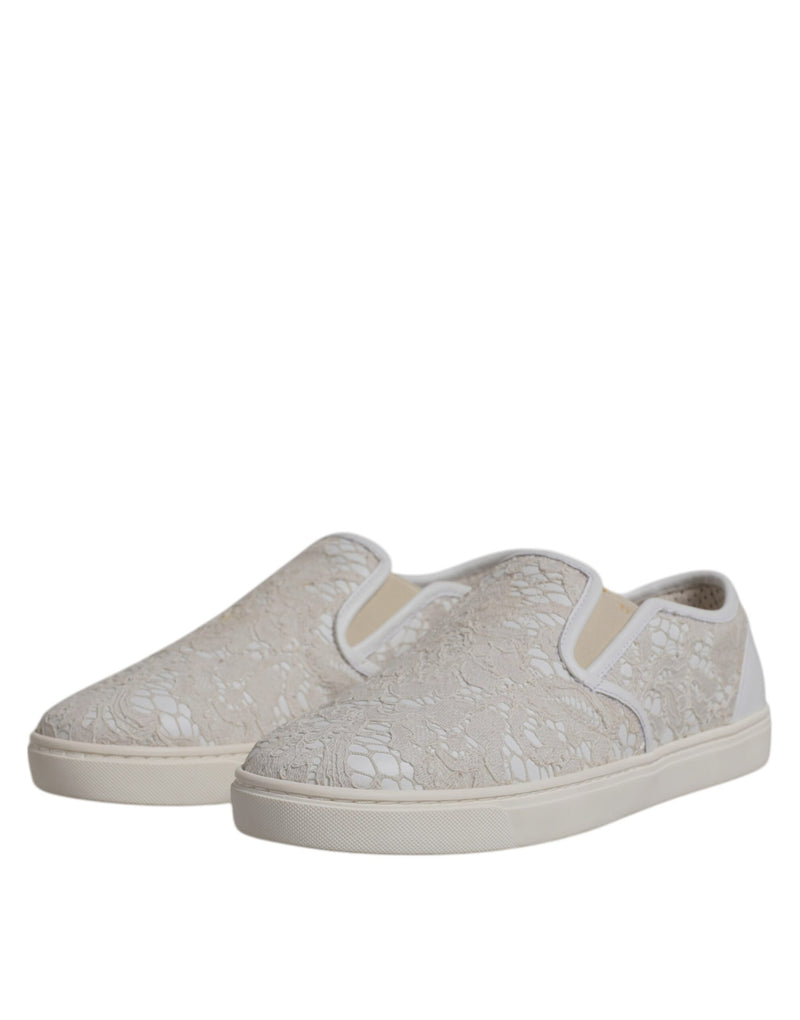 Dolce & Gabbana White Floral Lace Slip-On Loafers