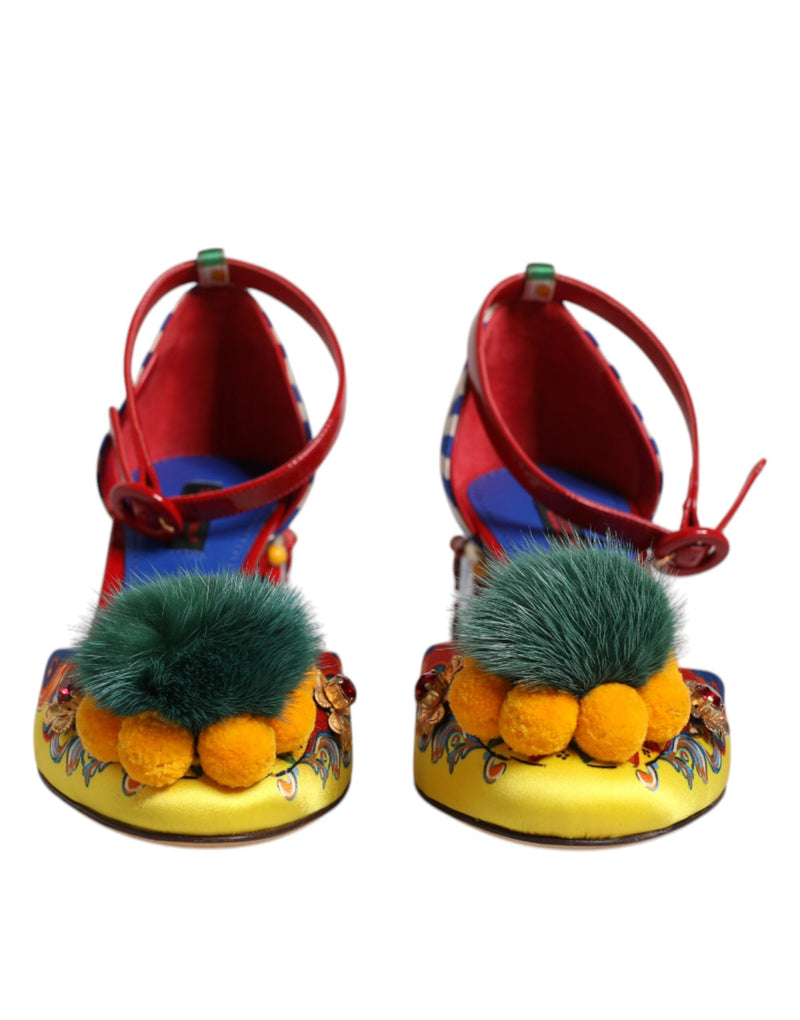 Dolce & Gabbana Multicolor Carretto Crystal Fur Sandals
