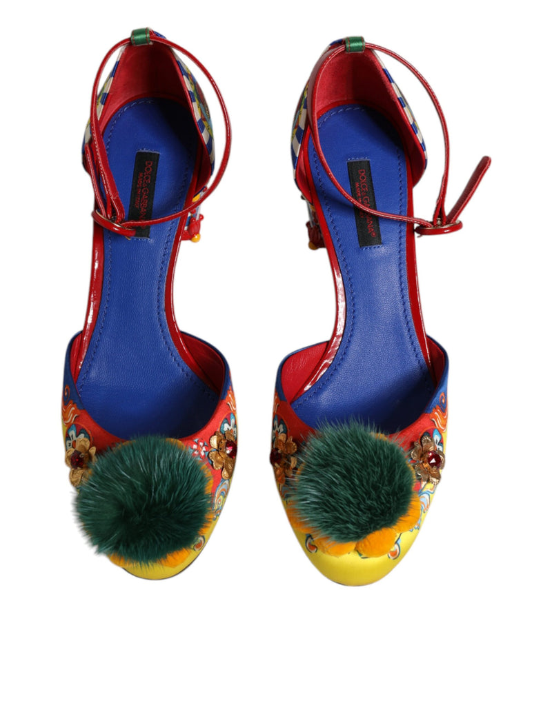 Dolce & Gabbana Multicolor Carretto Crystal Fur Sandals