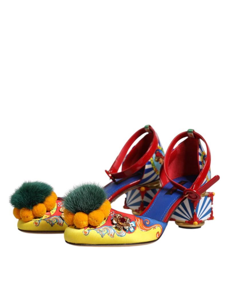 Dolce & Gabbana Multicolor Carretto Crystal Fur Sandals