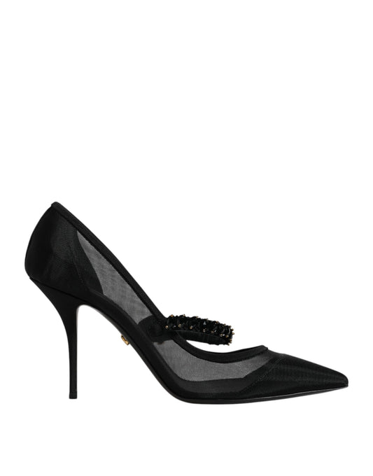 Dolce & Gabbana Zwarte Mesh Mary Jane Pumps met Kristallen Hak