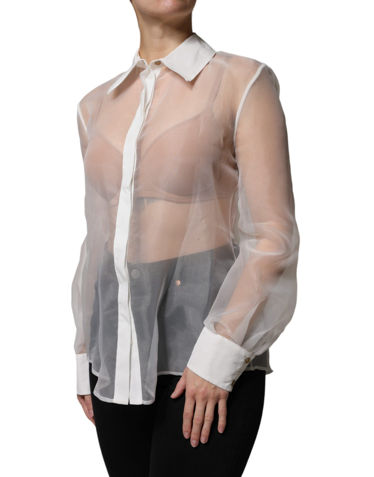 Elisabetta Franchi Chemisier Blanc Transparent à Col avec Boutons