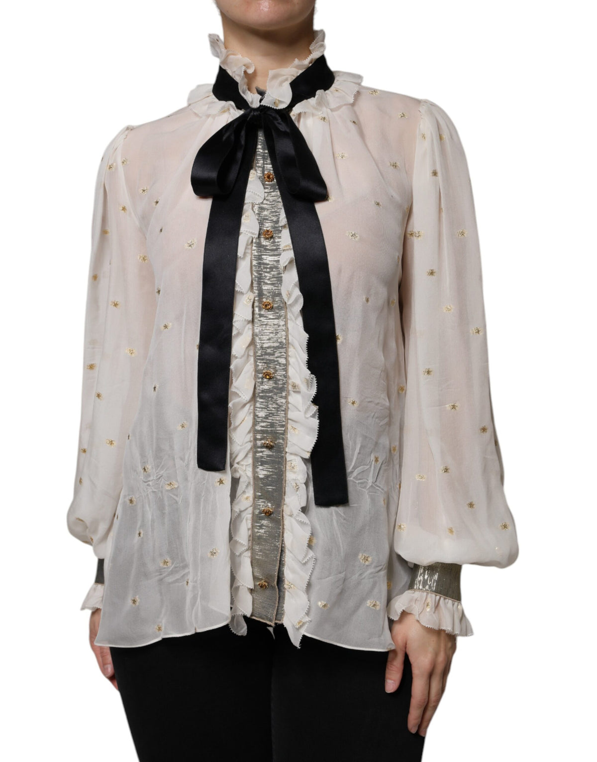 Dolce & Gabbana Blouse Top en Soie Off White avec Col Ascot