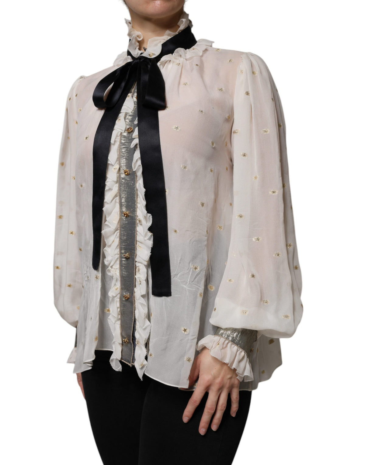 Dolce & Gabbana Blouse Top en Soie Off White avec Col Ascot