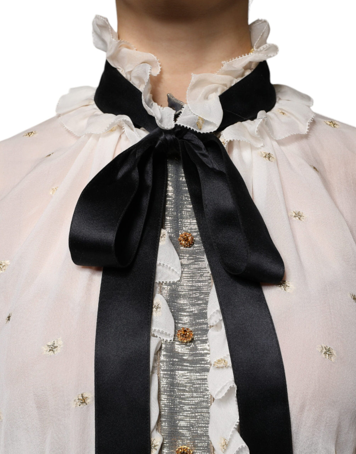 Dolce & Gabbana Blouse Top en Soie Off White avec Col Ascot