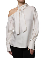 Brunello Cucinelli Top en Soie Beige avec Col Ascot à Manches Longues